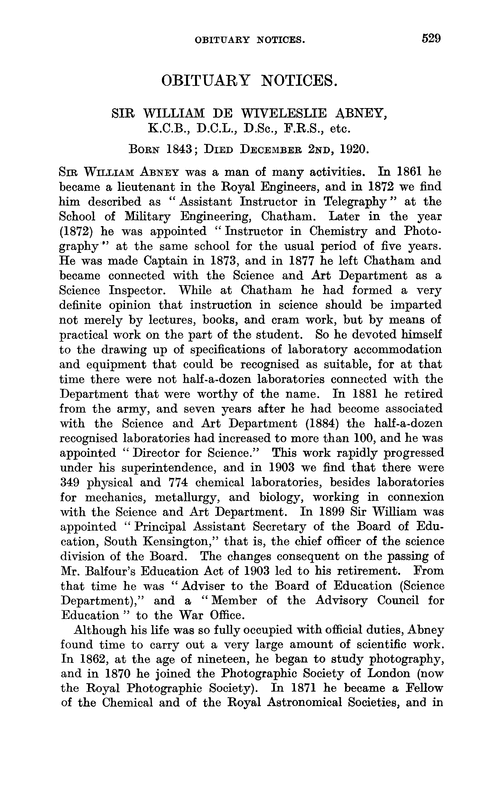 Obituary notices: Sir William de Wiveleslie Abney, K.C.B., D.C.L., D.Sc., F.R.S., 1843–1920; Henry Bassett, F.I.C., 1837–1920; John Cannell Cain, 1871–1921; Emile Justin Armand Gautier; William Herbert Pike, 1851–1921; John Ruffle, F.I.C., 1843–1920; Charles Simmonds, 1861–1921; Bertram James Smart, 1882–1920; Bertram Blount, 1867–1921; Alexander Wynter Blyth, 1844–1921; Sir Lazarus Fletcher, 1854–1921; David Henry Nagel, 1862–1920; William Odling, 1829–1921; Percival Spencer Umfreville Pickering, 1858–1920; John Shields, 1869–1920; Leonard Philip Wilson, 1879–1920