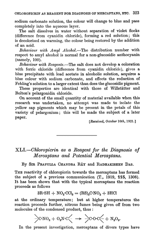 XLI.—Chloropicrin as a reagent for the diagnosis of mercaptans and potential mercaptans