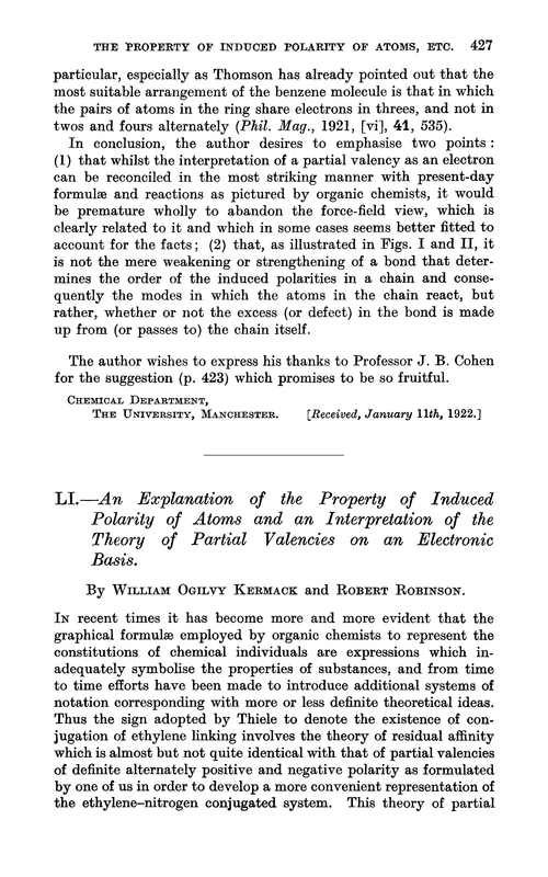 LI.—An explanation of the property of induced polarity of atoms and an interpretation of the theory of partial valencies on an electronic basis