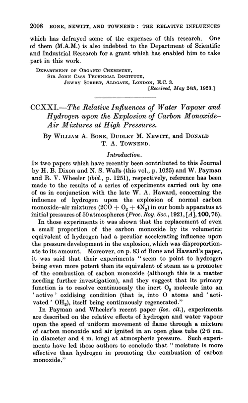 CCXXI.—The relative influences of water vapour and hydrogen upon the explosion of carbon monoxide–air mixtures at high pressures