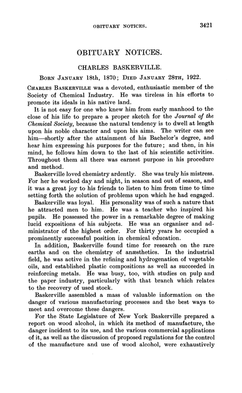 Obituary notices: Charles Baskerville, 1870–1922; Alexander Crum Brown, 1838–1922; Charles Mann Luxmoore, 1857–1922; Edward Williams Morley, 1838–1923; William Thomson, 1851–1923