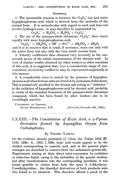 LXXIII.—The constitution of kojic acid, a γ-pyrone derivative formed by Aspergillus Oryzæ from carbohydrates