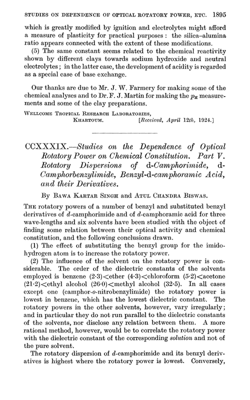 CCXXXIX.—Studies on the dependence of optical rotatory power on chemical constitution. Part V. Rotatory dispersions of d-camphorimide, d-camphorbenzylimide, benzyl-d-camphoramic acid, and their derivatives