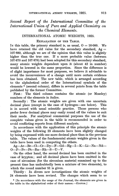 Second Report of the International Committee of the International Union of Pure and Applied Chemistry on the chemical elements. International atomic weights, 1925