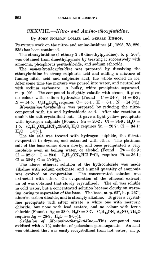 CXXVIII.—Nitro- and amino-ethoxylutidine