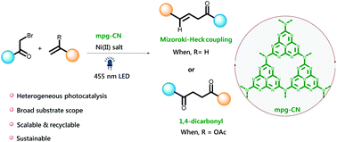 Graphical abstract: Mizoroki–Heck type reactions and synthesis of 1,4-dicarbonyl compounds by heterogeneous organic semiconductor photocatalysis
