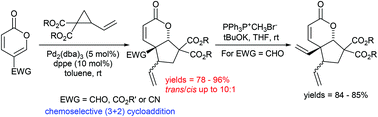 Graphical abstract: Construction of cyclopenta[b]pyran-2-ones via chemoselective (3 + 2) cycloaddition between 2-pyrones and vinyl cyclopropanes