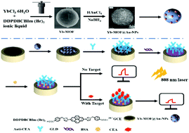 Graphical abstract: Near-infrared photoactive Yb-MOF functionalized with a large conjugate ionic liquid: synthesis and application for photoelectrochemical immunosensing of carcinoma embryonic antigen