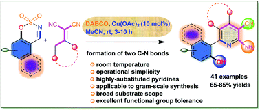 Graphical abstract: Cu(OAc)2/DABCO-mediated domino reaction of vinyl malononitriles with cyclic sulfamidate imines: access to 6-hydroxyaryl-2-aminonicotinonitriles