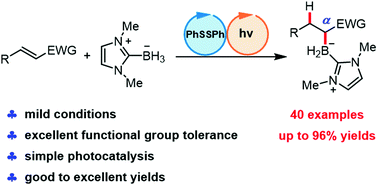 Graphical abstract: Visible-light-driven PhSSPh-catalysed regioselective hydroborylation of α,β-unsaturated carbonyl compounds with NHC-boranes