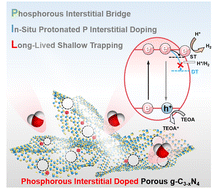 Graphical abstract: In situ protonated-phosphorus interstitial doping induces long-lived shallow charge trapping in porous C3−xN4 photocatalysts for highly efficient H2 generation