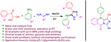 Graphical abstract: Metal/catalyst-free sequential C–N bond forming cascades at room temperature: environment-friendly one-pot synthesis of 5-aminoimidazoles from aryl glyoxals, anilines, and amidines