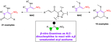 Graphical abstract: NHC-catalyzed [3 + 3] cycloaddition of α-bromoenals with nitroketene aminals or nitroketene N,S-acetals: synthesis of nitro-containing dihydropyridin-2-ones