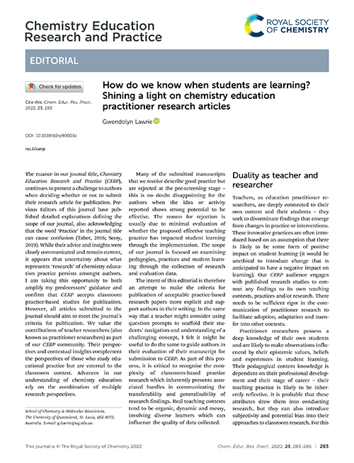 How do we know when students are learning? Shining a light on chemistry education practitioner research articles