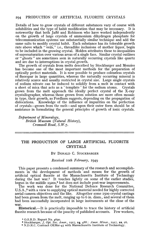 The production of large artificial fluorite crystals