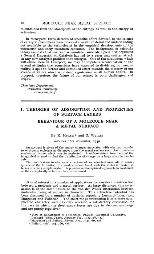 Theories of adsorption and properties of surface layers. Behaviour of a molecule near a metal surface
