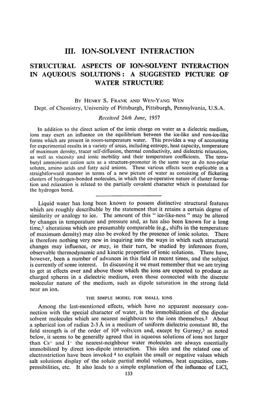 Ion-solvent interaction. Structural aspects of ion-solvent interaction in aqueous solutions: a suggested picture of water structure