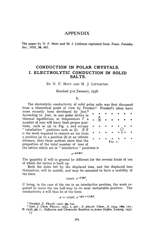 Appendix: conduction in polar crystals. I. Electrolytic conduction in solid salts