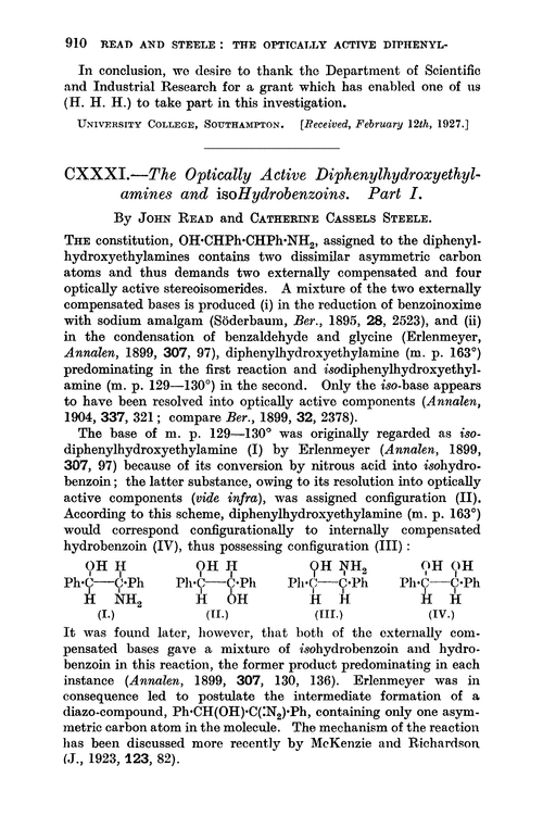 CXXXI.—The optically active diphenylhydroxyethylamines and isohydrobenzoins. Part I