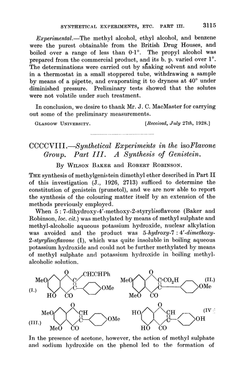 CCCCVIII.—Synthetical experiments in the isoflavone group. Part III. A synthesis of genistein
