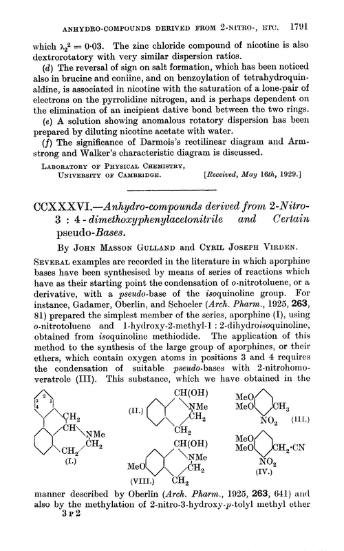 CCXXXVI.—Anhydro-compounds derived from 2-nitro-3 : 4-dimethoxyphenylacetonitrile and certain pseudo-bases