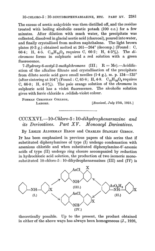 CCCXXVI.—10-Chloro-5 : 10-dihydrophenarsazine and its derivatives. Part XV. Monoacyl derivatives