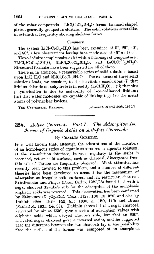 254. Active charcoal. Part I. The adsorption isotherms of organic acids on ash-free charcoals