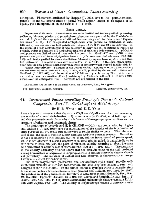 61. Constitutional factors controlling prototropic changes in carbonyl compounds. Part IV. Carbethoxyl and allied groups
