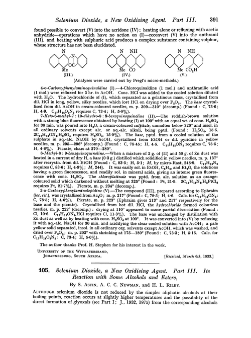 105. Selenium dioxide, a new oxidising agent. Part III. Its reaction with some alcohols and esters