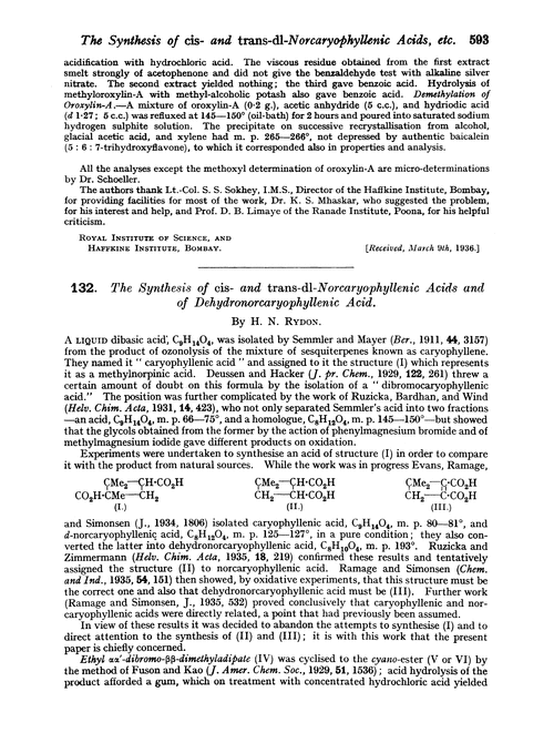 132. The synthesis of cis- and trans-dl-norcaryophyllenic acids and of dehydronorcaryophyllenic acid