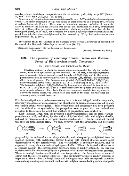 139. The synthesis of ditertiary arsines. meso- and racemic forms of bis-4-covalent-arsenic compounds