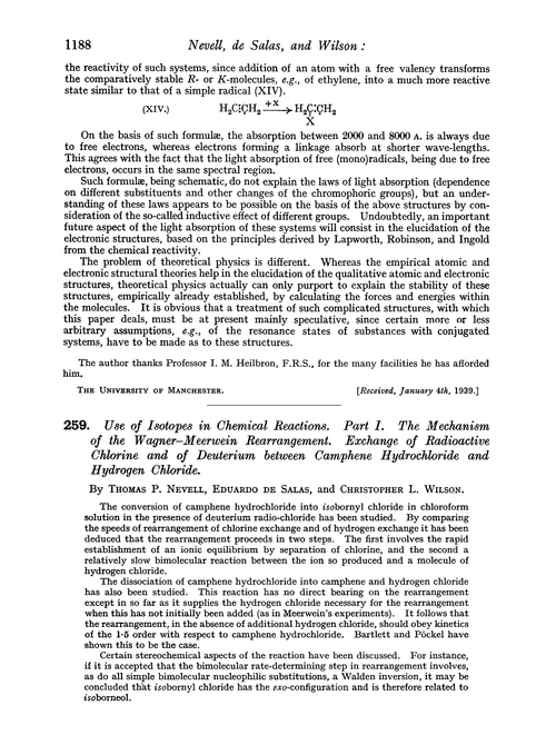259. Use of isotopes in chemical reactions. Part I. The mechanism of the Wagner–Meerwein rearrangement. Exchange of radioactive chlorine and of deuterium between camphene hydrochloride and hydrogen chloride