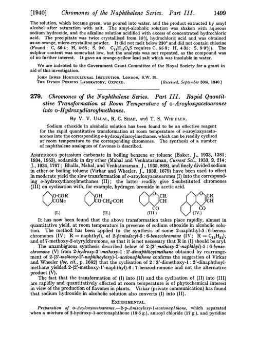 279. Chromones of the naphthalene series. Part III. Rapid quantitative transformation at room temperature of o-aroyloxyacetoarones into o-hydroxydiaroylmethanes