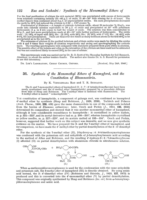 31. Synthesis of the monomethyl ethers of kaempferol, and the constitution of rhamnocitrin