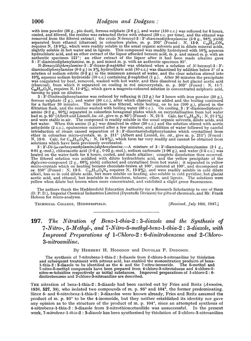 197. The nitration of benz-1-thia-2 : 3-diazole and the synthesis of 7-nitro-, 5-methyl-, and 7-nitro-5-methyl-benz-1-thia-2 : 3-diazole, with improved preparations of 1-chloro-2 : 6-dinitrobenzene and 2-chloro-3-nitroaniline