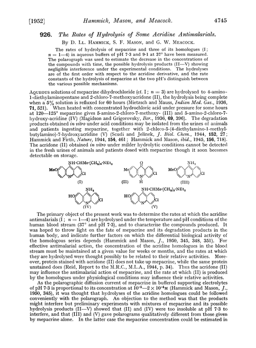 926. The rates of hydrolysis of some acridine antimalarials