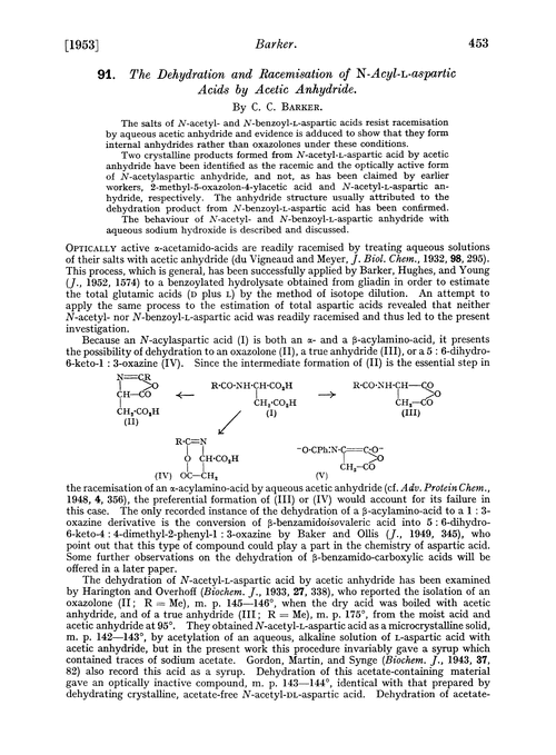 91. The dehydration and racemisation of N-acyl-L-aspartic acids by acetic anhydride