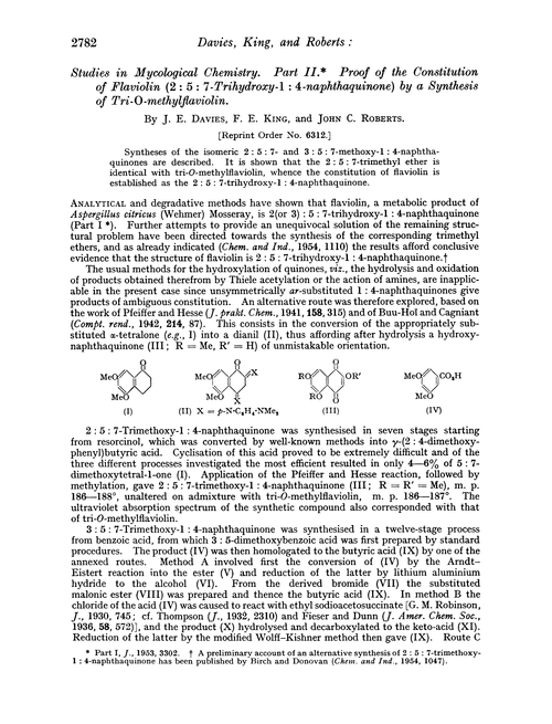Studies in mycological chemistry. Part II. Proof of the constitution of flaviolin (2: 5: 7-trihydroxy-1: 4-naphthaquinone) by a synthesis of tri-O-methylflaviolin