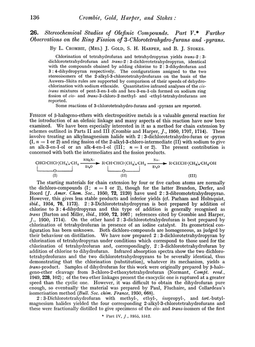 26. Stereochemical studies of olefinic compounds. Part V. Further observations on the ring fission of 3-chlorotetrahydro-furans and -pyrans