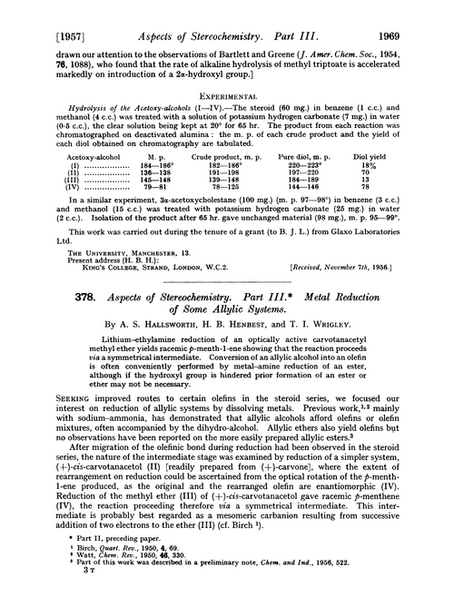 378. Aspects of stereochemistry. Part III. Metal reduction of some allylic systems