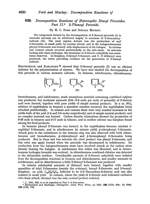 928. Decomposition reactions of heterocyclic diacyl peroxides. Part II. 2-Thenoyl peroxide