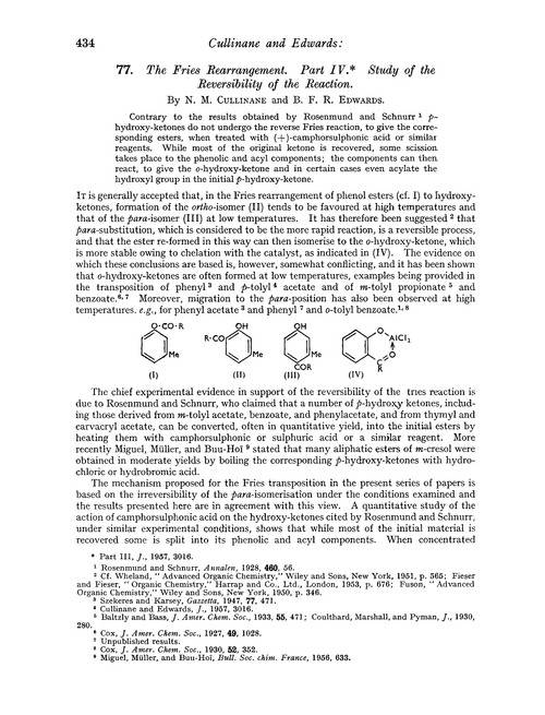 77. The Fries rearrangement. Part IV. Study of the reversibility of the reaction