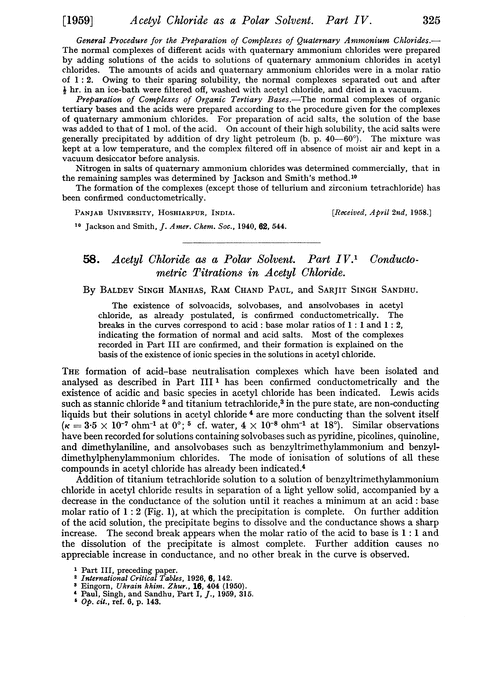 58. Acetyl chloride as a polar solvent. Part IV. Conductometric titrations in acetyl chloride