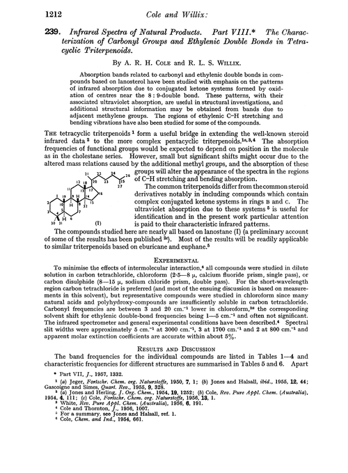 239. Infrared spectra of natural products. Part VIII. The characterization of carbonyl groups and ethylenic double bonds in tetracyclic triterpenoids