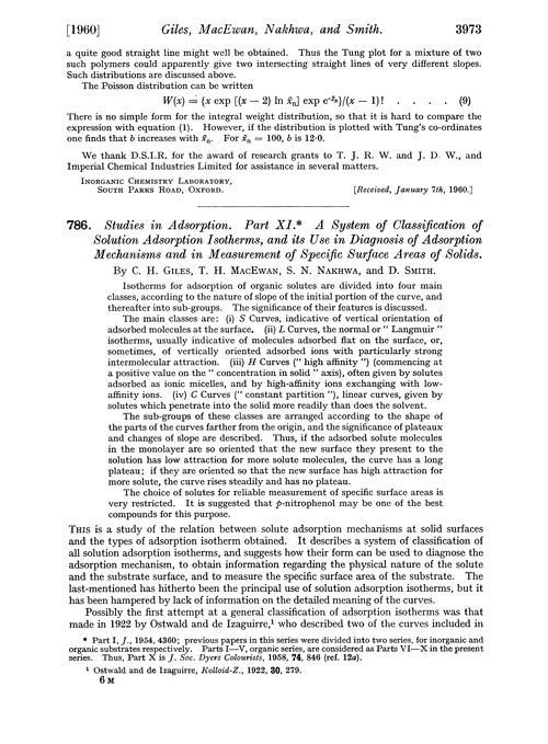 786. Studies in adsorption. Part XI. A system of classification of solution adsorption isotherms, and its use in diagnosis of adsorption mechanisms and in measurement of specific surface areas of solids