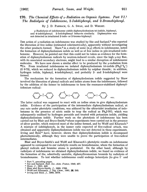 170. The chemical effects of γ-radiation on organic systems. Part VI. The radiolysis of iodobenzene, 2-iodobiphenyl, and 2-bromobiphenyl