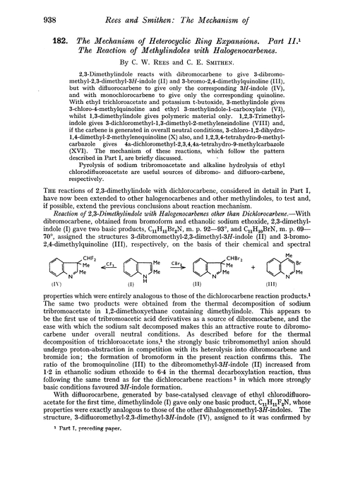 182. The mechanism of heterocyclic ring expansions. Part II. The reaction of methylindoles with halogenocarbenes