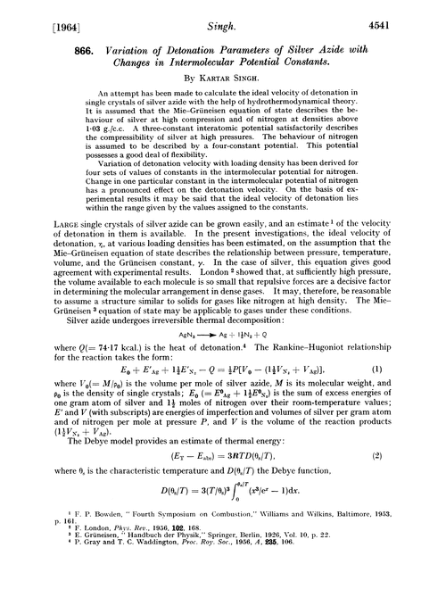 866. Variation of detonation parameters of silver azide with changes in intermolecular potential constants