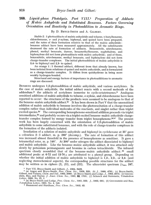 168. Liquid-phase photolysis. Part VIII. Preparation of adducts of maleic anhydride and substituted benzenes. Factors governing orientation and reactivity in photoaddition to aromatic rings