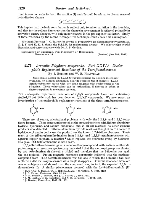 1176. Aromatic polyfluoro-compounds. Part XXVI. Nucleophilic replacement reactions of the tetrafluorobenzenes